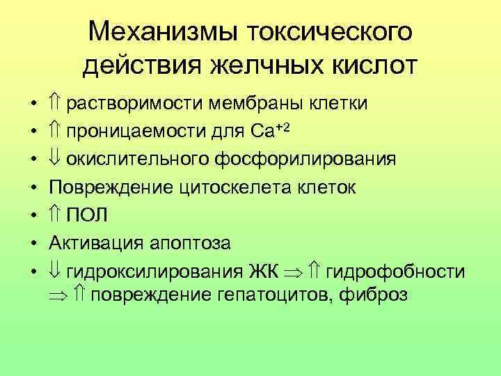 Механизмы токсического действия желчных кислот • • растворимости мембраны клетки проницаемости для Са+2 окислительного