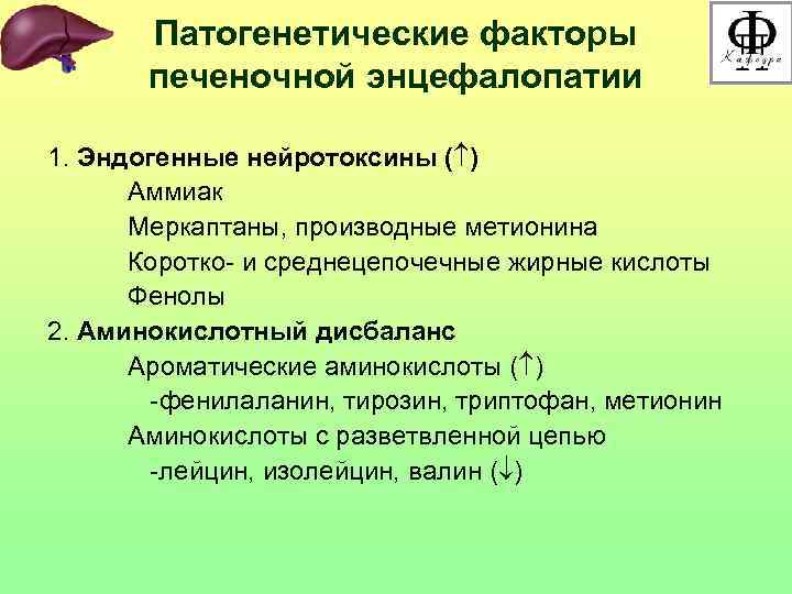 Патогенетические факторы печеночной энцефалопатии 1. Эндогенные нейротоксины ( ) Аммиак Меркаптаны, производные метионина Коротко-