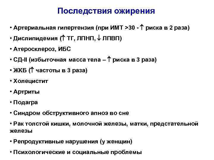 Последствия ожирения • Артериальная гипертензия (при ИМТ >30 - риска в 2 раза) •