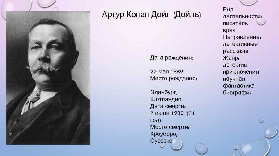 Артур Конан Дойл (Дойль) Дата рождения: 22 мая 1859 Место рождения: Эдинбург, Шотландия Дата