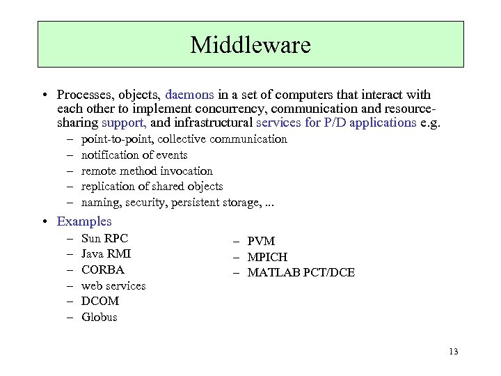 Middleware • Processes, objects, daemons in a set of computers that interact with each