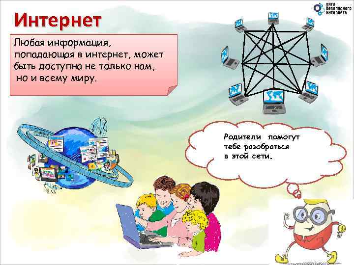 Интернет Все компьютеры, которые Любая информация, подключены в интернет, может попадающая к интернету, сразу