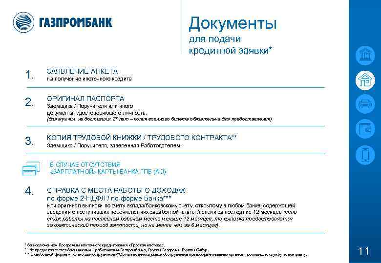 Документы для подачи кредитной заявки* 1. ЗАЯВЛЕНИЕ-АНКЕТА 2. ОРИГИНАЛ ПАСПОРТА на получение ипотечного кредита