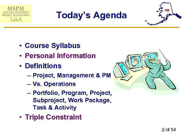 Today’s Agenda PM • Course Syllabus • Personal Information • Definitions – Project, Management