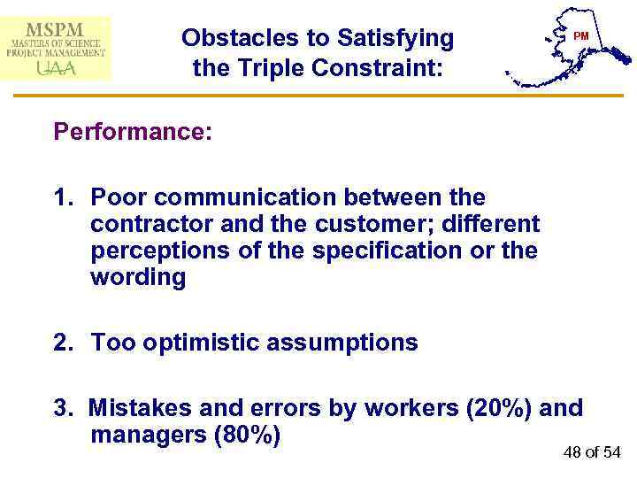 Obstacles to Satisfying the Triple Constraint: PM Performance: 1. Poor communication between the contractor