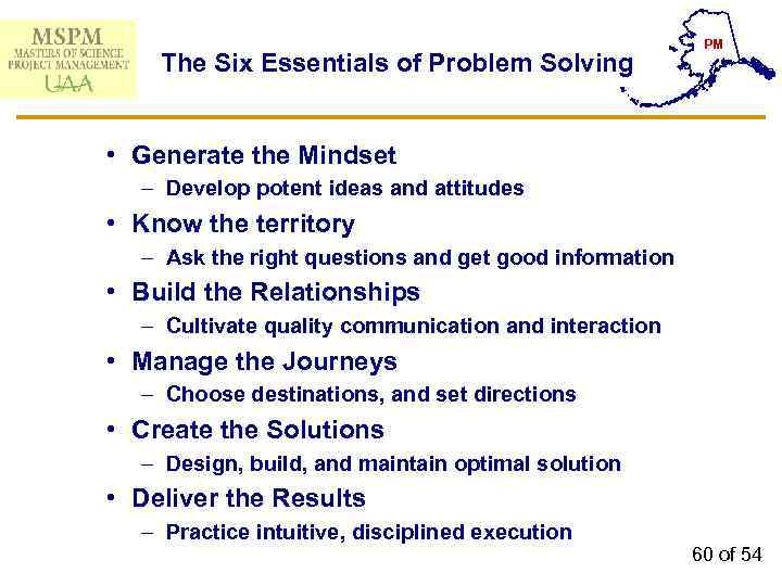 The Six Essentials of Problem Solving PM • Generate the Mindset – Develop potent