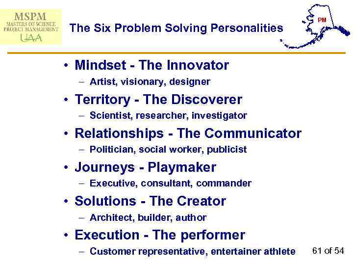 The Six Problem Solving Personalities PM • Mindset - The Innovator – Artist, visionary,