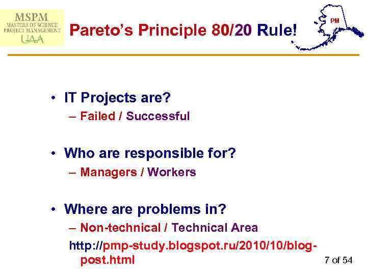Pareto’s Principle 80/20 Rule! PM • IT Projects are? – Failed / Successful •