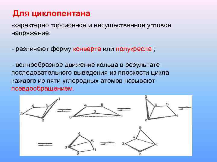 Для циклопентана -характерно торсионное и несущественное угловое напряжение; - различают форму конверта или полукресла