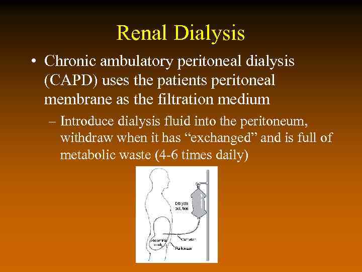 Renal Dialysis • Chronic ambulatory peritoneal dialysis (CAPD) uses the patients peritoneal membrane as