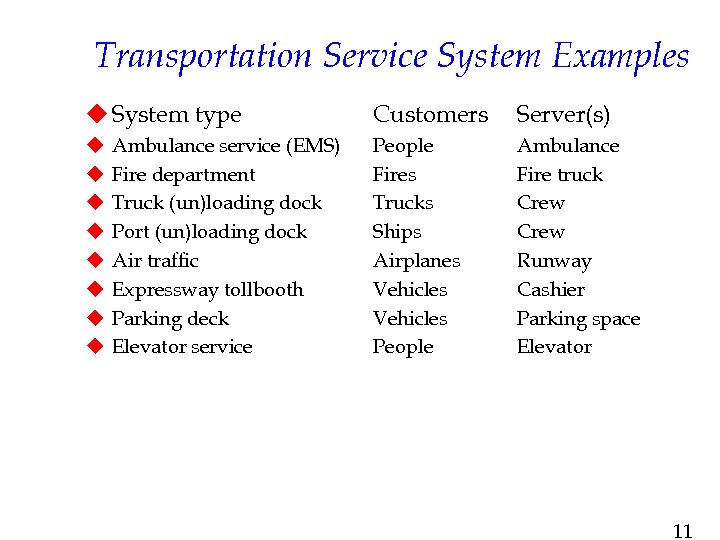 Transportation Service System Examples u System type u u u u Ambulance service (EMS)