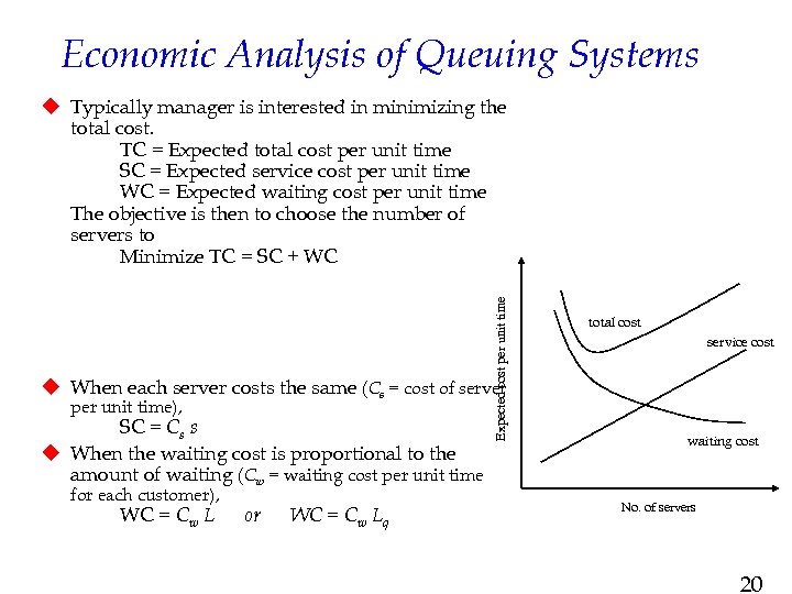 Economic Analysis of Queuing Systems Expected cost per unit time u Typically manager is