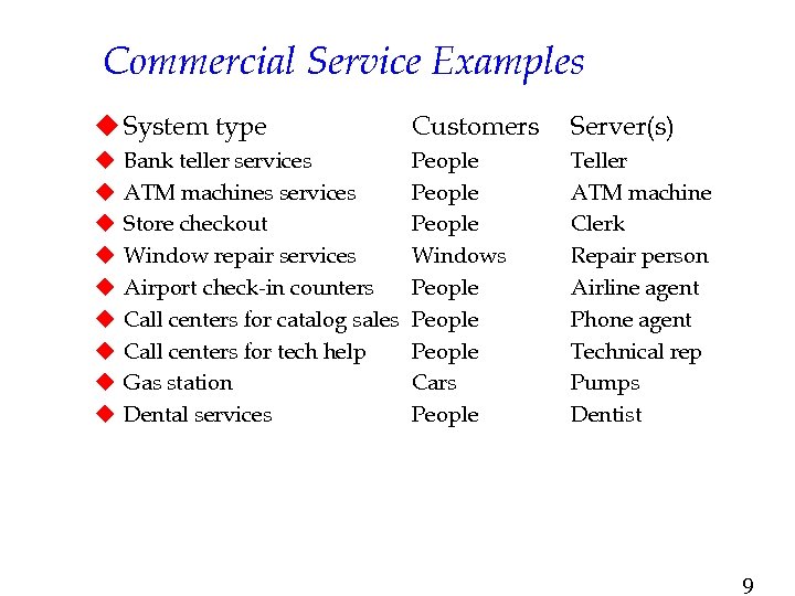 Commercial Service Examples u System type u u u u u Bank teller services