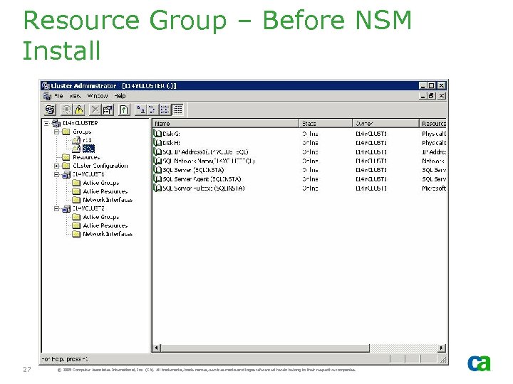 Resource Group – Before NSM Install 27 © 2005 Computer Associates International, Inc. (CA).