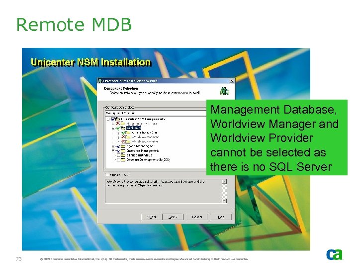 Remote MDB Management Database, Worldview Manager and Worldview Provider cannot be selected as there