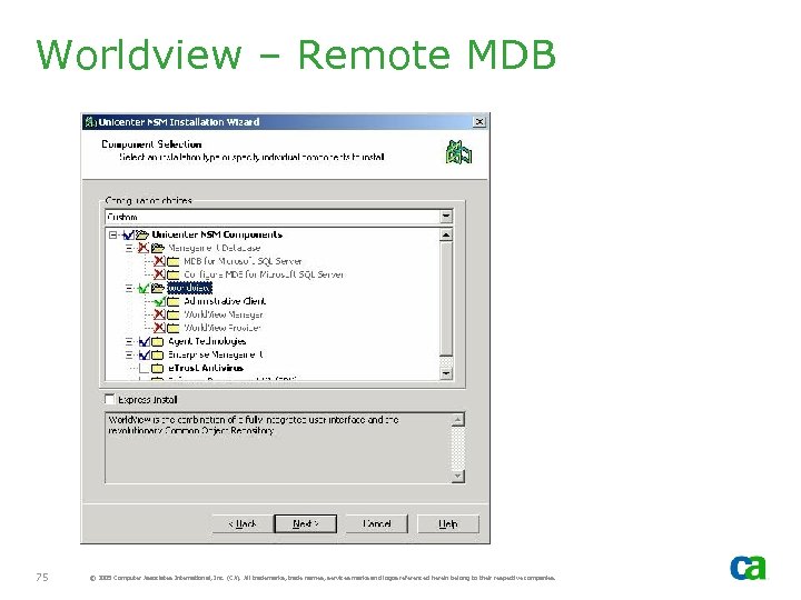 Worldview – Remote MDB 75 © 2005 Computer Associates International, Inc. (CA). All trademarks,