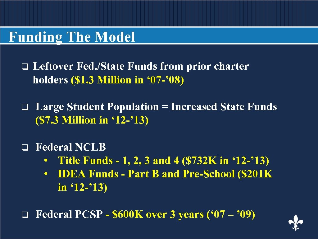 Funding The Model q Leftover BODY COPY Fed. /State Funds from prior charter holders