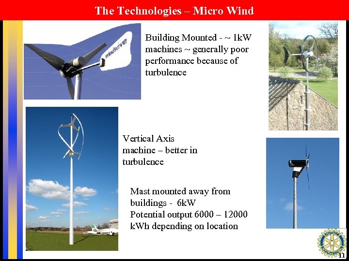 The Technologies – Micro Wind Building Mounted - ~ 1 k. W machines ~