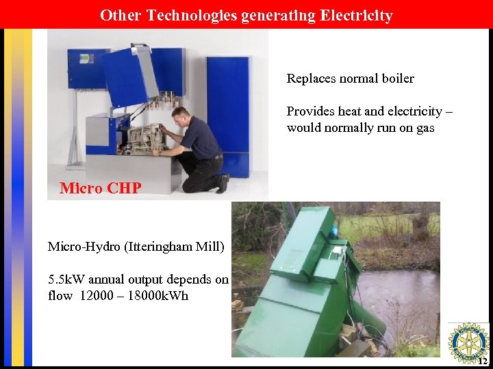 Other Technologies generating Electricity Replaces normal boiler Provides heat and electricity – would normally