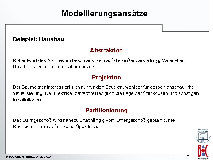 Modellierungsansätze Beispiel: Hausbau Abstraktion Rohentwurf des Architekten beschränkt sich auf die Außendarstellung; Materialien, Details