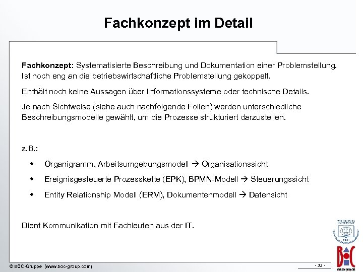 Fachkonzept im Detail Fachkonzept: Systematisierte Beschreibung und Dokumentation einer Problemstellung. Ist noch eng an