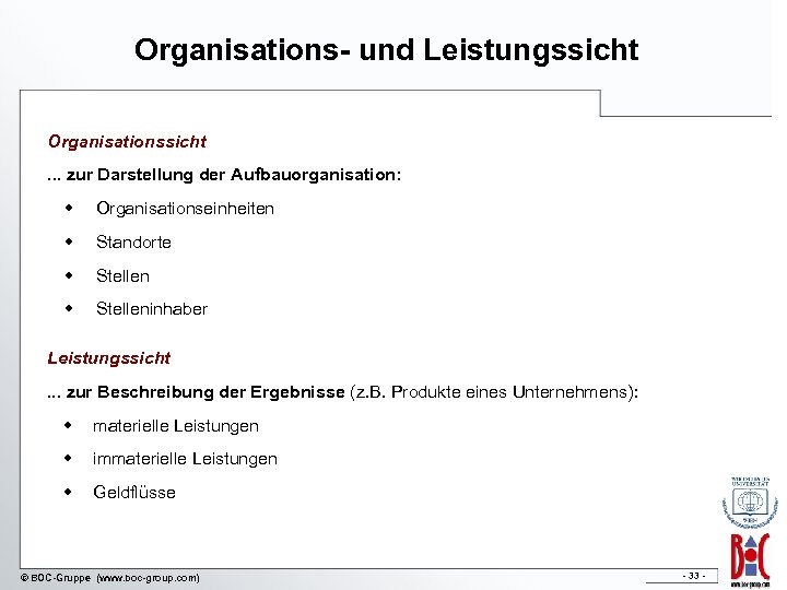 Organisations- und Leistungssicht Organisationssicht. . . zur Darstellung der Aufbauorganisation: w Organisationseinheiten w Standorte