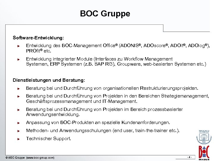 BOC Gruppe Software-Entwicklung: ► ► Entwicklung des BOC-Management Office® (ADONIS®, ADOscore®, ADOit®, ADOlog®), PROfit®
