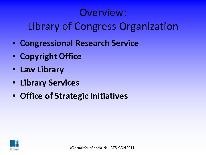Overview: Library of Congress Organization • • • Congressional Research Service Copyright Office Law