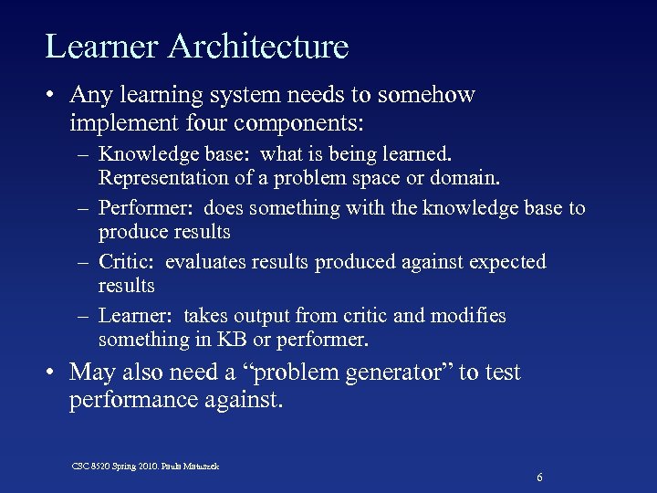 Learner Architecture • Any learning system needs to somehow implement four components: – Knowledge
