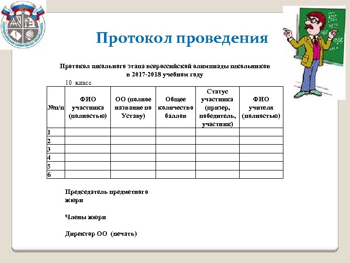 Протокол проведения Протокол школьного этапа всероссийской олимпиады школьников в 2017 -2018 учебном году 10