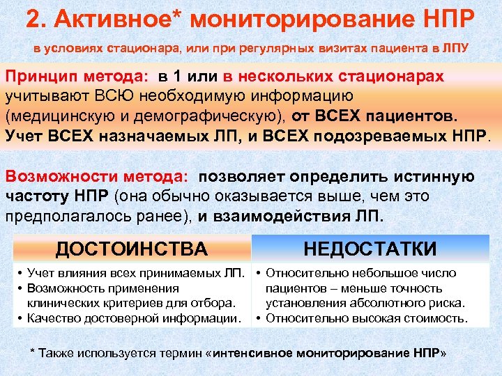 2. Активное* мониторирование НПР в условиях стационара, или при регулярных визитах пациента в ЛПУ