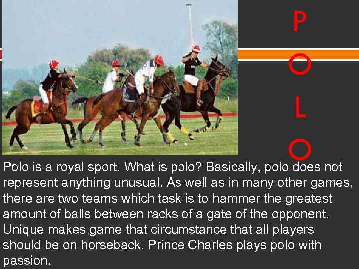 P O L O Polo is a royal sport. What is polo? Basically, polo