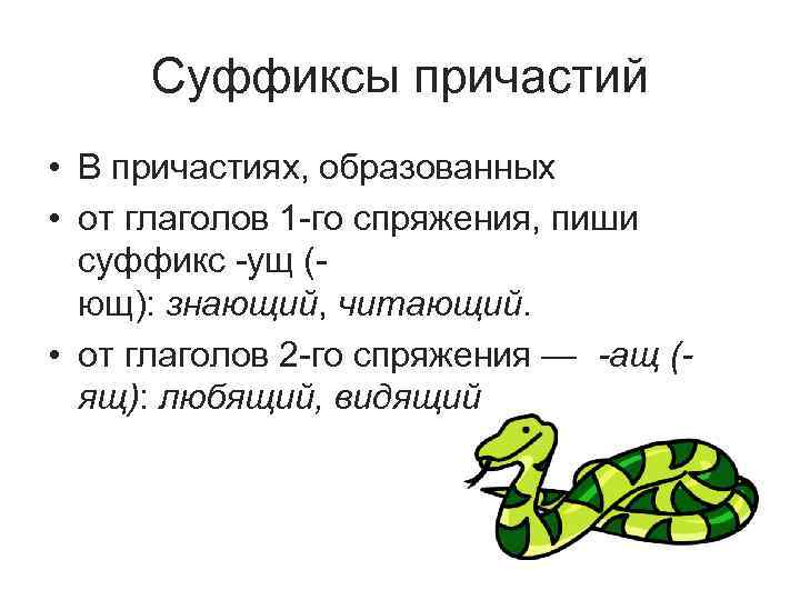 Суффиксы причастий • В причастиях, образованных • от глаголов 1 -го спряжения, пиши суффикс