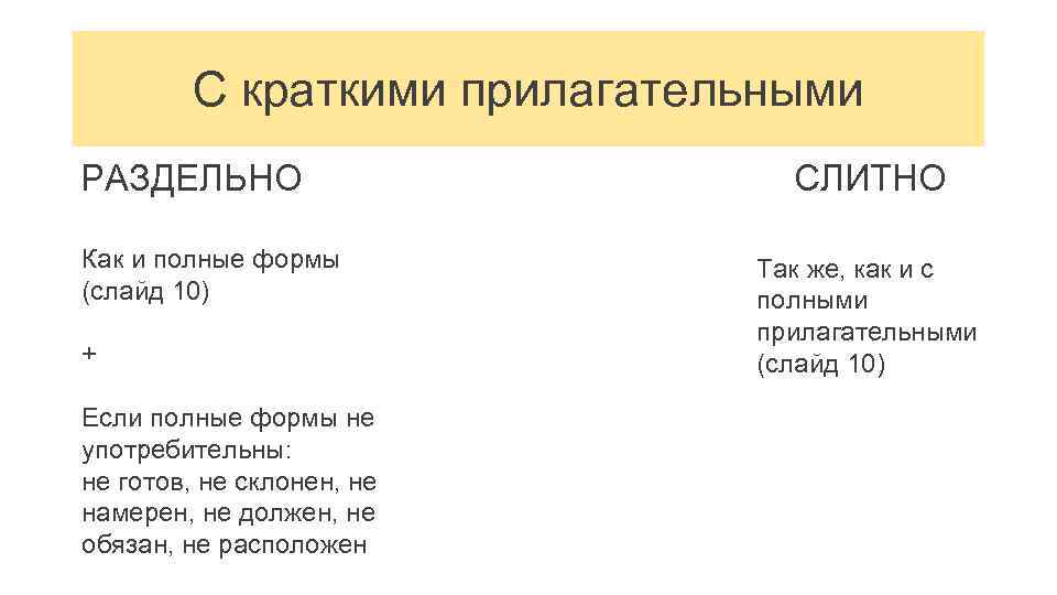 С краткими прилагательными РАЗДЕЛЬНО Как и полные формы (слайд 10) + Если полные формы