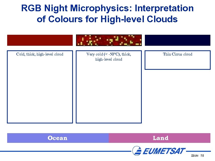 RGB Night Microphysics: Interpretation of Colours for High-level Clouds Cold, thick, high-level cloud Ocean