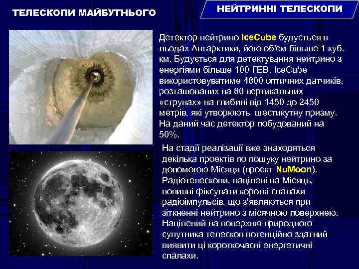 ТЕЛЕСКОПИ МАЙБУТНЬОГО НЕЙТРИННІ ТЕЛЕСКОПИ Детектор нейтрино Ice. Cube будується в льодах Антарктики, його об'єм