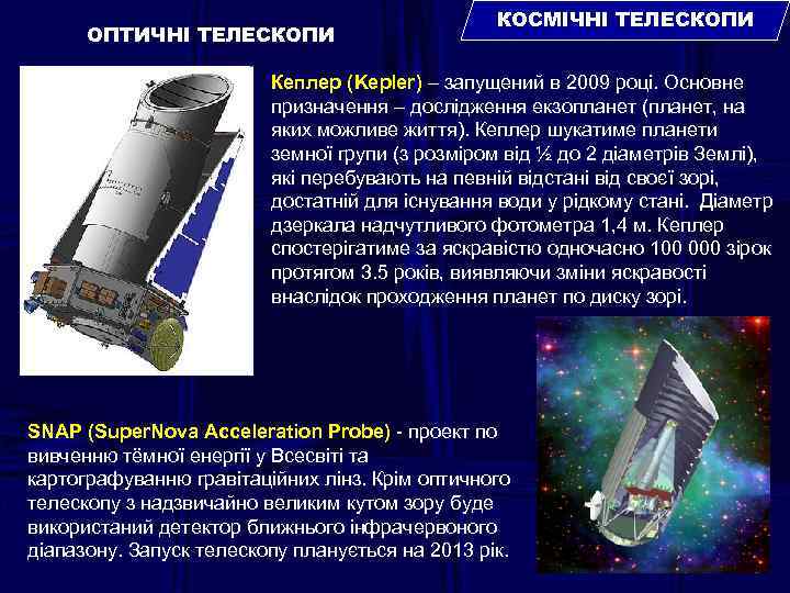 ОПТИЧНІ ТЕЛЕСКОПИ КОСМІЧНІ ТЕЛЕСКОПИ Кеплер (Kepler) – запущений в 2009 році. Основне призначення –
