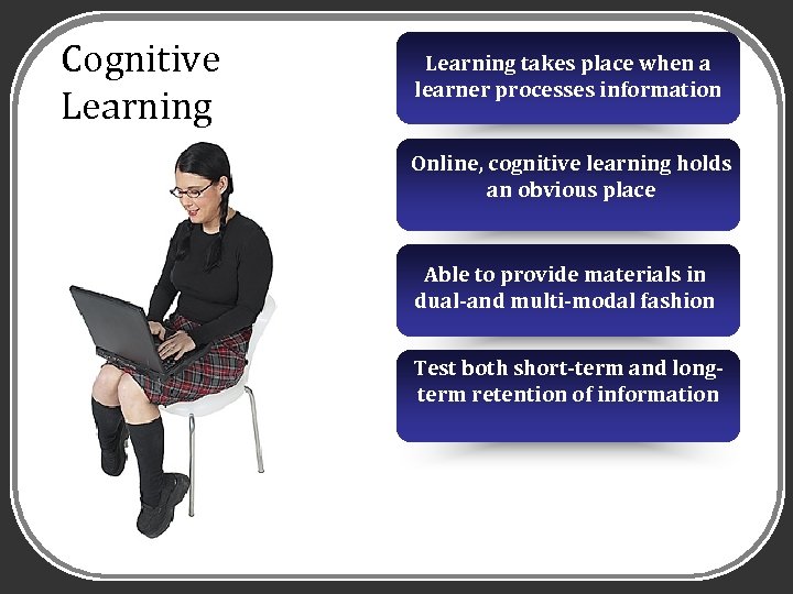 Cognitive Learning takes place when a learner processes information Online, cognitive learning holds an