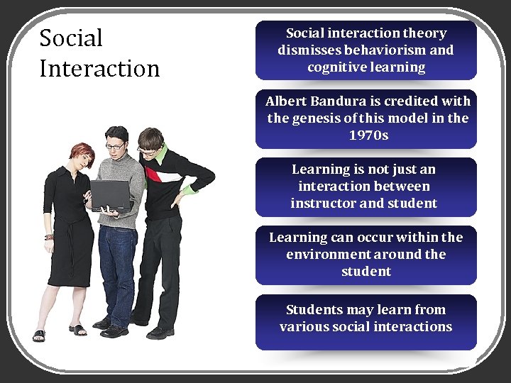 Social Interaction Social interaction theory dismisses behaviorism and cognitive learning Albert Bandura is credited