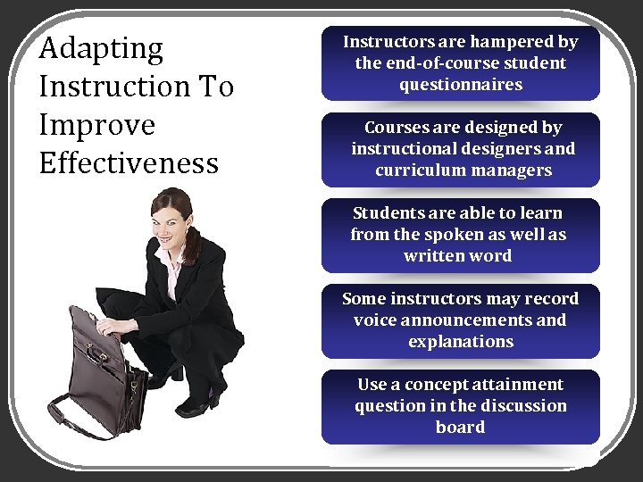 Adapting Instruction To Improve Effectiveness Instructors are hampered by the end-of-course student questionnaires Courses