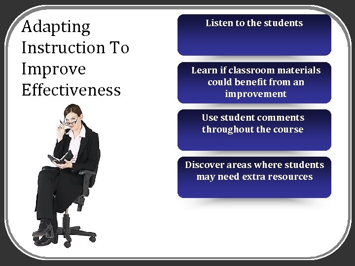 Adapting Instruction To Improve Effectiveness Listen to the students Learn if classroom materials could