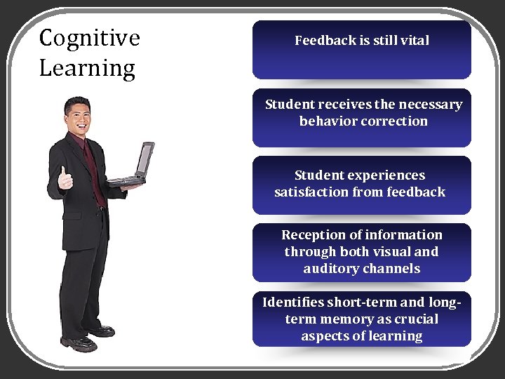 Cognitive Learning Feedback is still vital Student receives the necessary behavior correction Student experiences