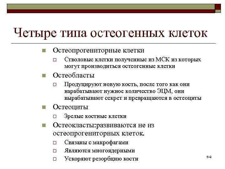 Четыре типа остеогенных клеток n Остеопрогениторные клетки o n Остеобласты o n Продуцируют новую