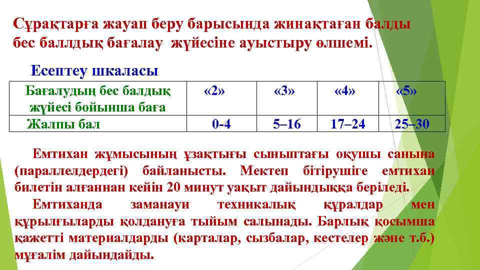 Сұрақтарға жауап беру барысында жинақтаған балды бес баллдық бағалау жүйесіне ауыстыру өлшемі. Есептеу шкаласы