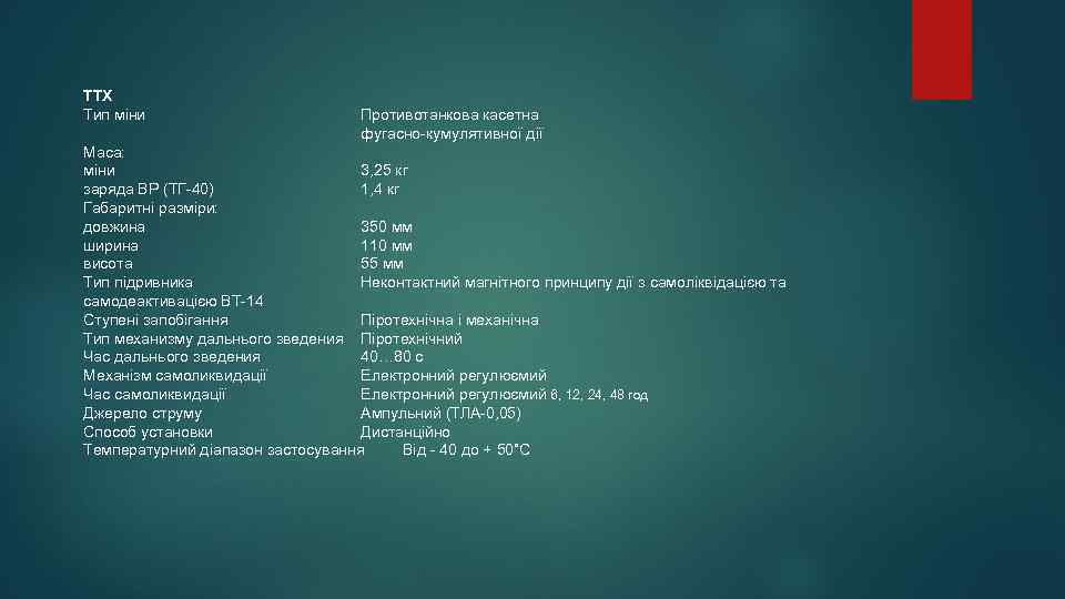 ТТХ Тип міни Противотанкова касетна фугасно-кумулятивної дії Маса: міни 3, 25 кг заряда ВР