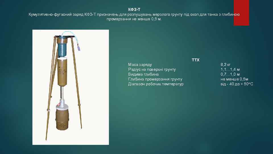 КФЗ-Т Кумулятивно-фугасний заряд КФЗ-Т призначень для розпушувань мерзлого грунту під окоп для танка з