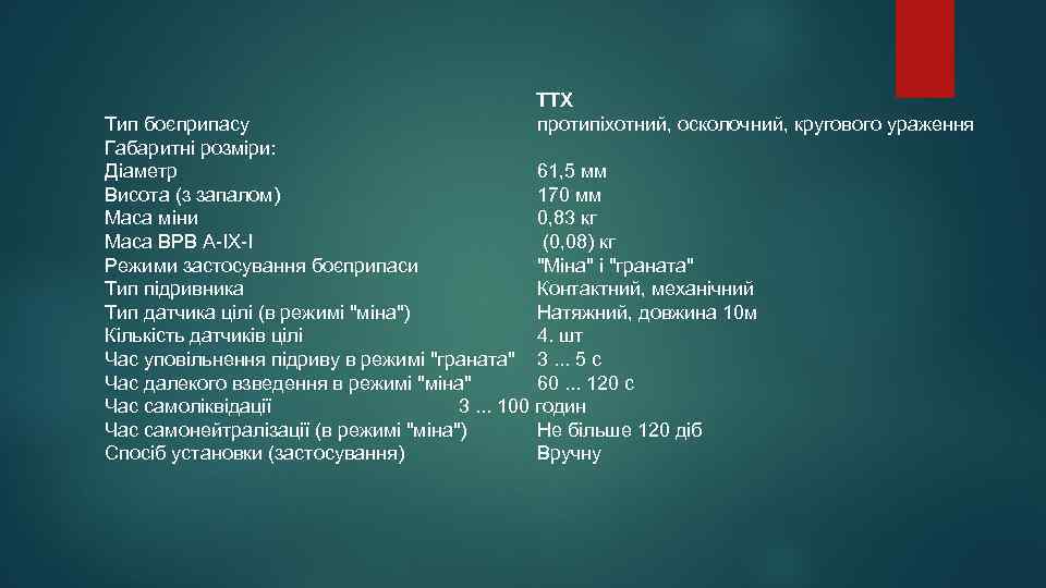 ТТХ протипіхотний, осколочний, кругового ураження Тип боєприпасу Габаритні розміри: Діаметр 61, 5 мм Висота