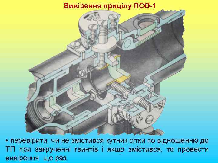  Вивірення прицілу ПСО-1 • перевірити, чи не змістився кутник сітки по відношенню до