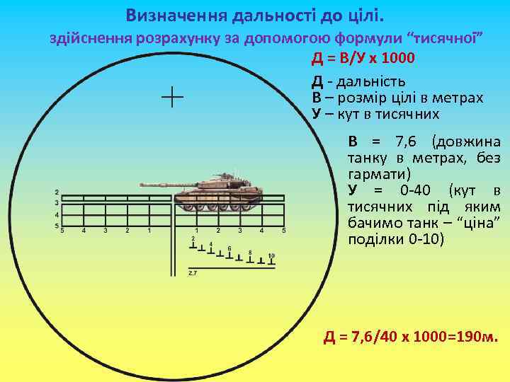 Визначення дальності до цілі. здійснення розрахунку за допомогою формули “тисячної” Д = В/У х