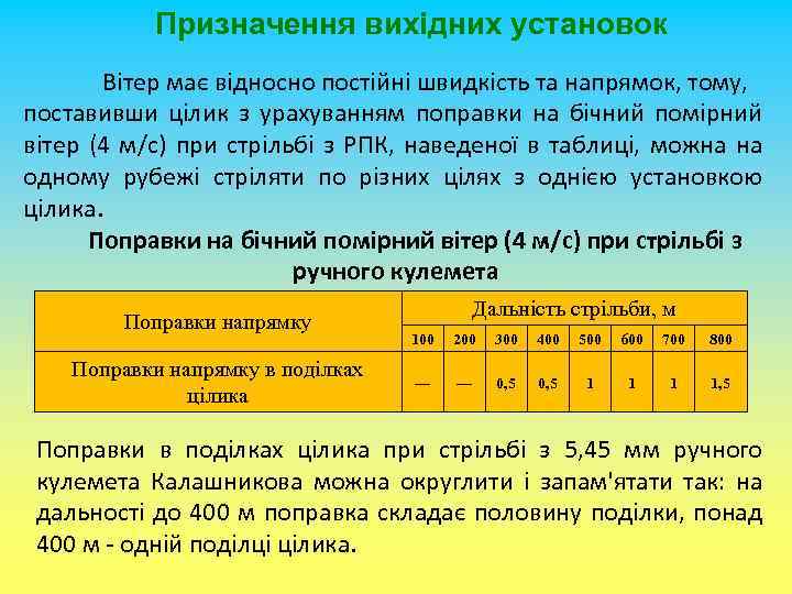 Призначення вихідних установок Вітер має відносно постійні швидкість та напрямок, тому, поставивши цілик з